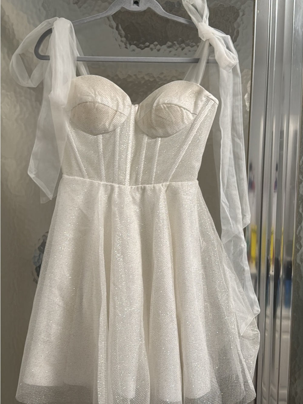 Women's White Glitter Mesh Strapless A-Line Dress
